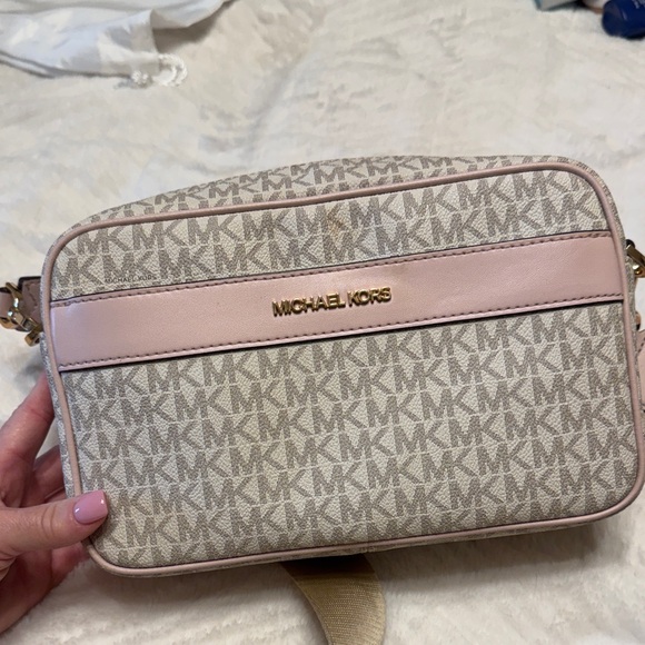 Michael Kors Handbags - Michael Kors Beige and Pink Logo Crossbody Bag